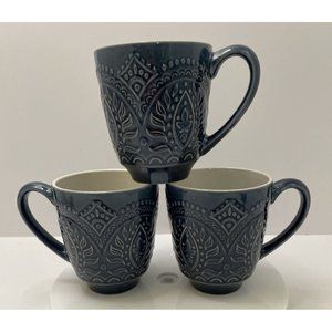 3 Elama Stoneware Majestic Wolf Deep Embossed Dark Navy Blue Coffee Mugs - EUC